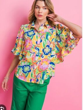 Flying Tomato Yellow Multi Floral Flutter-Sleeve Button Blouse